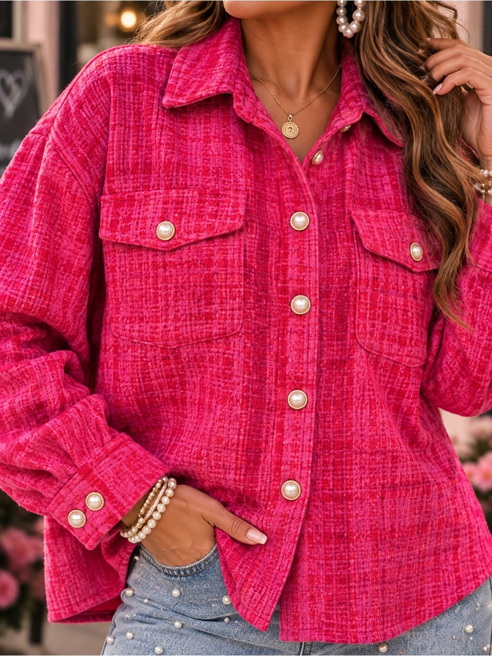 Hot Pink Shacket with Plaid Detail Pearl-Button Pink Bouclé Jacket